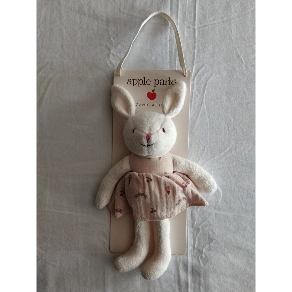 Apple Park Organic Cotton Wht Bunny Plush Pink Rainbow Dres Stuffed Animal 10.5"